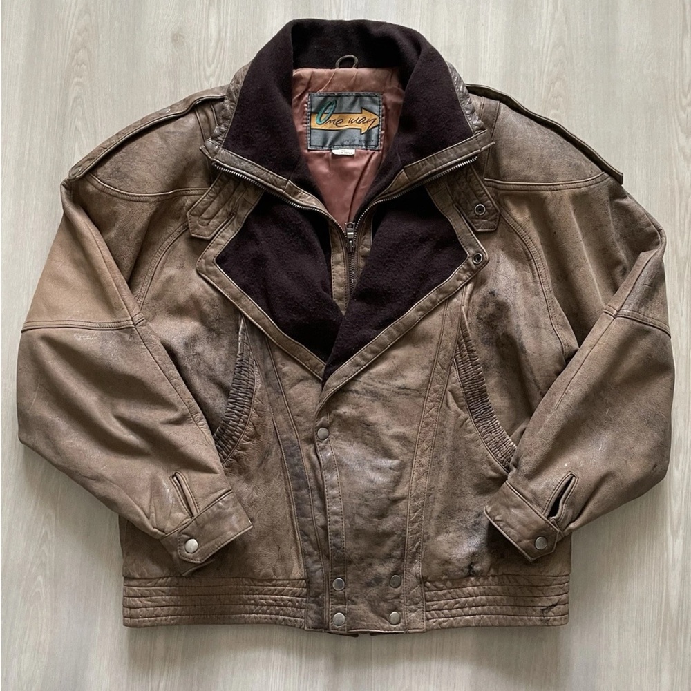 Vintage One Way Midway Brown Leather Bomber Jacket Zip Snap Closure Sz 40